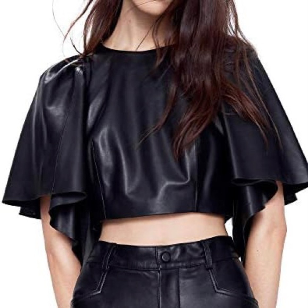 ZARA black leather voluminous crop top